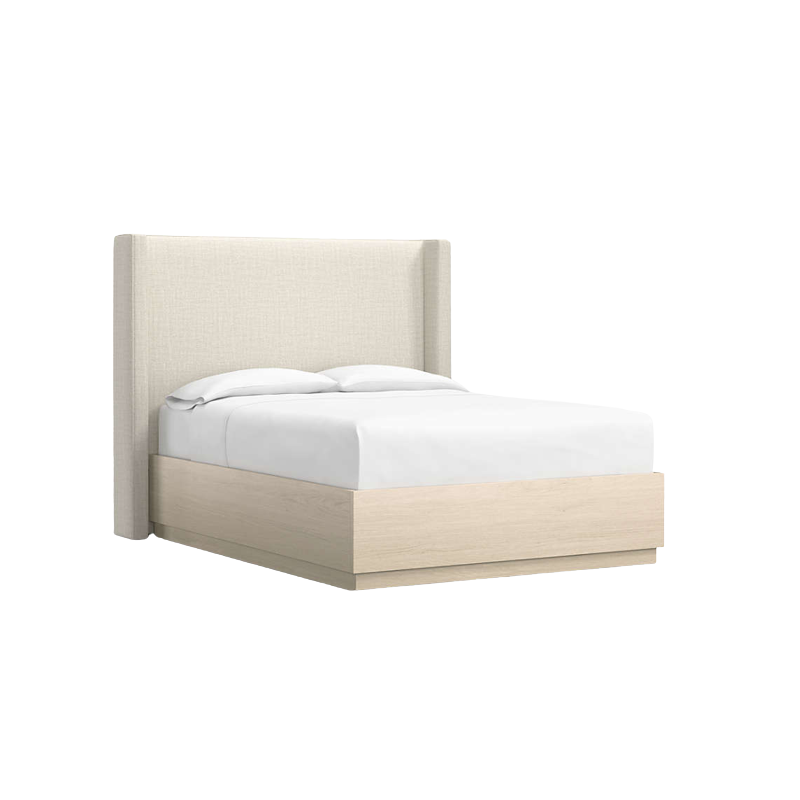 Natural Beige Upholstered Queen Headboard with Batten White Oak Storage Bed Base